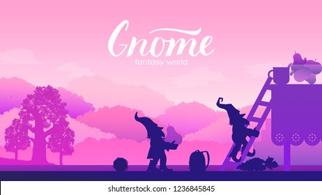 Gnomes are trying to steal fruit from the table. Fantasy character on magical world concept. Landscape nature vector illustration. Fairy tale fantastic dwarf elf character