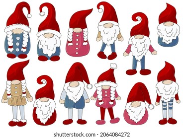 Gnomes Vector Bundle. Big Collection of gnomes on Santa Claus hats in handdrawn style. Set of vector illustrations for your design. Sign, sticker