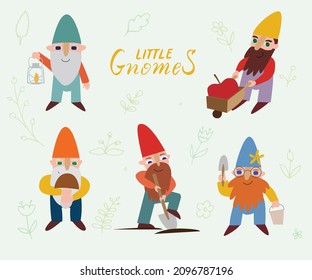 Gnomes. Vector color illustration with several dwarfs. A gnome with a flashlight, a gnome with a cart, a gnome with a shovel, a gnome with a mushroom. Suitable for printing