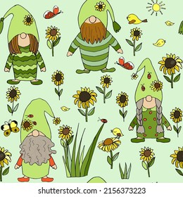 Gnomes vector seamless pattern. Doodle characters Norwegian gnomes surrounded by flowers, birds and butterflies on a green seamless pattern. To create children's textiles, fabrics, postcards or text d