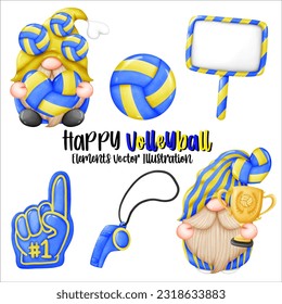 Gnomes Volleyball HeartBall Whistle Trophy Sign Finger Nunber 1 Element Watercolor Vector File ,Clipart Cute cartoon vintage-Retro style For banner, poster, card, t shirt, sticker