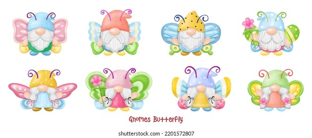 Gnomes wearing Butterfly watercolor Clipart. 