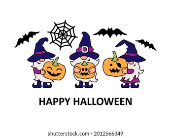 Gnomes with witch hats and Halloween pumpkins on white background. Happy Halloween. Vector illustration.