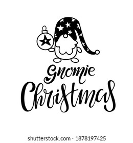 Gnomie Christmas lettering with scetched Gnome. Merry Christmas Gnome. Design for Merry Christmas Card, DIY, greeting card in doodle Style. Kids illustration. Happy New Year design template