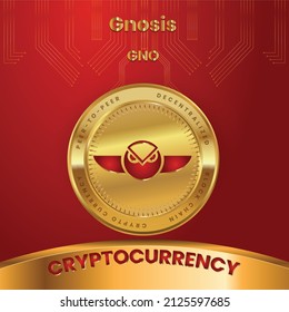 Gnosis (GNO) Token Crypto Currency logo in technology Concept Based Poster, banner design In Red and Golden Color with gold coin.