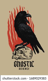 Gnostic science. Raven on the skull in fire. Occult rock music t-shirt print.