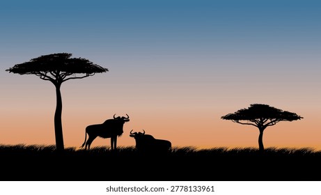 Gnu antelope on safari at sunset, color vector illustration