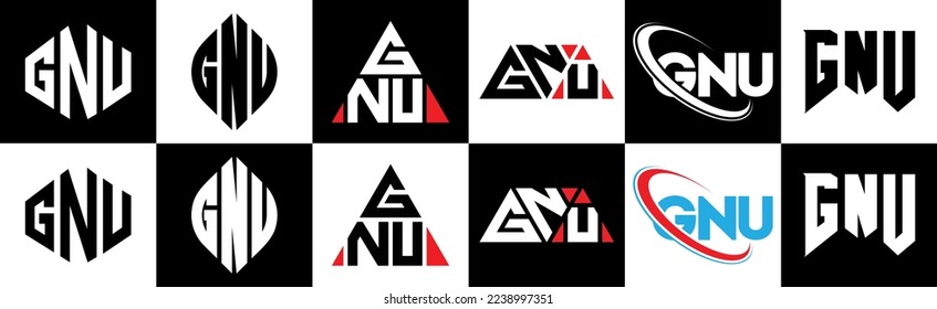 GNU letter logo design in six style. GNU polygon, circle, triangle, hexagon, flat and simple style with black and white color variation letter logo set in one artboard. GNU minimalist and classic logo