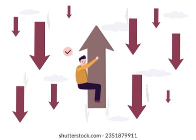 Go against everyone, opposition, different opinion, alternative solution. Seeking opportunity to grow even in economic crisis, investment vision and risk management, businessman clinging to up arrow.