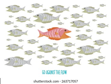 Go Against The Flow Concept And Text. An Orange Fish Swims Against The Usual School Of Fish. Editable ESP10 Vector And Large Jpg.