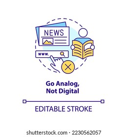 Icono de concepto analógico no digital. Consumo de información. Evitar la sobrecarga de noticias de la idea abstracta ilustración de línea delgada. Dibujo de contorno aislado. Trazo editable. Fuentes Arial, Myriad Pro-Bold utilizadas