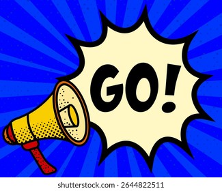 Vá anunciar o balão de fala. Megafone, explosão de fala, estilo cômico, fundo brilhante, elemento de comunicação, ferramenta de expressão, projeção de voz, compartilhamento de informações, design de arte pop.