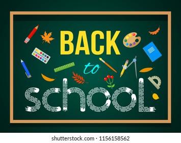 Go back to the drawing school text chalk board with school items, stationery and elements. Vector illustration banner.concept 1 September