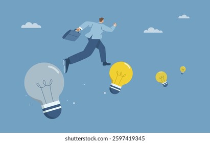 Go beyond conventional ideas, Step into new idea, Businessman runs from burned out light bulb to a new one, Constantly creating or adapting new ideas in business, Discovering new things.
