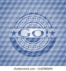 Go! blue badge with geometric background.