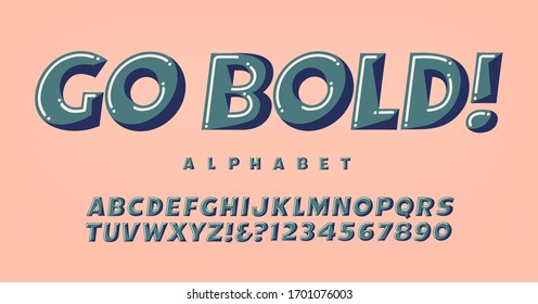 Go Bold alphabet; a fun and whimsical font in three-toned harmonized colors. This lettering would be good for party invitations, birthday greetings, kids products, gift wrap, and much more.