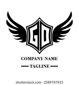 GO A bold winged shield emblem with customizable initials A-Z. Sleek black-and-white vector, perfect for branding, sports teams, motorcycle clubs, gaming,apparel and High-quality
