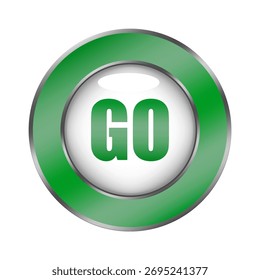 Go button icon. Green metallic surface. Forward action symbol. Vector start element. EPS 1D 10.