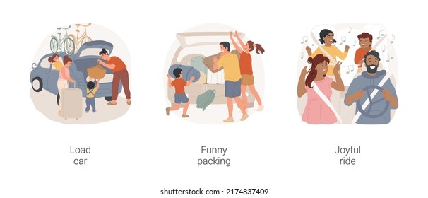 Go Camping Isolated Cartoon Vector Illustration Set. Family Going On Vacation, Loading Trunk With Bags, Funny Packing, Camping Gear Does Not Fit, Joyful Ride, Having Fun In Car Vector Cartoon.