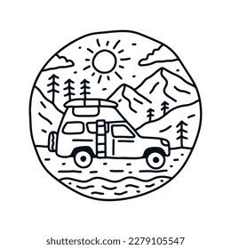 Go camping with lovely camper van on the forest in mono line art