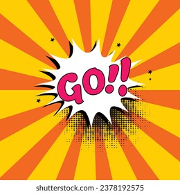 GO! cartoon effect speech bubble design element , yellow, and white about comic, boom, pop art, balloon, cartoon, and comic book explosion