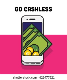 Go Cashless Concept of the European currency. Money coming out of smartphone. Vector illustration. Digital Euro Wallet concept. Eps10