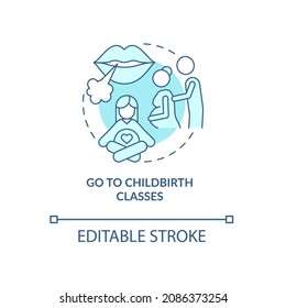 Go To Childbirth Classes Blue Concept Icon. Partner Support During Pregnancy Abstract Idea Thin Line Illustration. Husband Involvement. Vector Isolated Outline Color Drawing. Editable Stroke