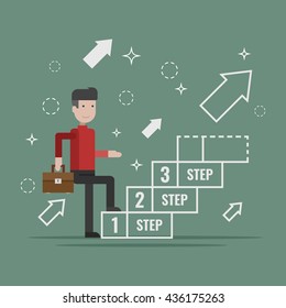 Go up concept, Career ladder, Businessman with suitcase climbing the stairs of success