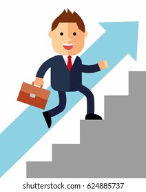 Go up concept, Career ladder, Businessman with suitcase climbing the stairs of success.  Concept for successful business, professional growth, career achievements
