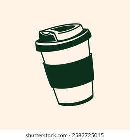 A to go cup with a dark green sleeve, hand drawn style