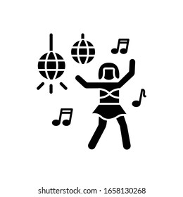 Go go dancer black glyph icon. Trendy night club recreation, rave party silhouette symbol on white space. Energizing dancer, young clubber dancing on nightclub stage vector isolated illustration