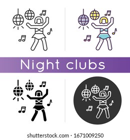 Go go dancer icon. Linear black and RGB color styles. Trendy night club recreation, rave party. Entertainment venue performer. Young clubber dancing on nightclub stage isolated vector illustrations