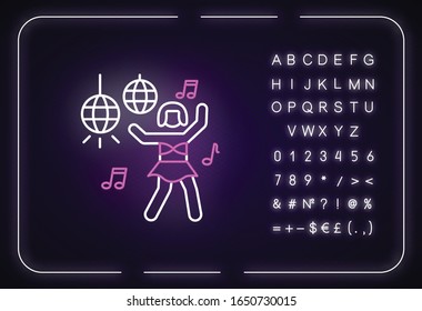 Go go dancer neon light icon. Outer glowing effect. Sign with alphabet, numbers and symbols. Night club leisure, rave party. Young clubber dancing in nightclub vector isolated RGB color illustration