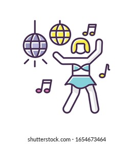 Go go dancer RGB color icon. Trendy night club recreation, rave party. Entertainment venue performer. Energizing dancer, young clubber dancing on nightclub stage isolated vector illustration