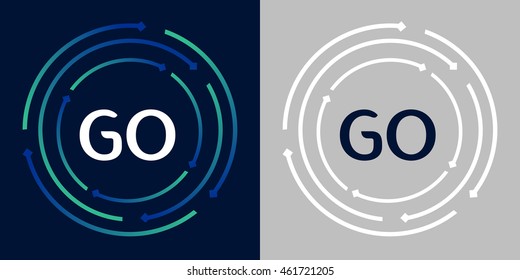 GO design template elements in abstract background logo, design identity in circle, letters business logo icon, blue/green alphabet letters, simplicity graphics