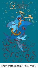 Go Diving with Wild Sharks hand drawn lettering. Cartoon sharks deep underwater. Sharks with Anchor. Design for t-shirt or print production.