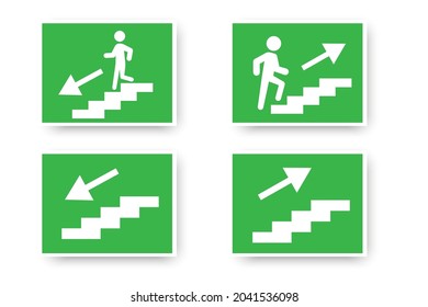 Go up and down stairs icon on green background. Fire safety. Emergency evacuation sign. Vector illustration. Stock image. 