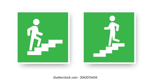 Icono de subir y bajar escaleras con marco blanco sobre fondo verde. Evacuación de emergencia. Ilustración vectorial. Imagen de archivo.