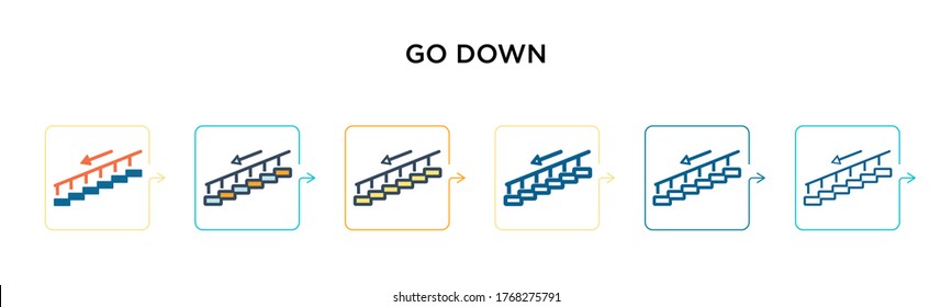 Go down vector icon in 6 different modern styles. Black, two colored go down icons designed in filled, outline, line and stroke style. Vector illustration can be used for web, mobile, ui