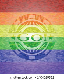 Go! emblem on mosaic background with the colors of the LGBT flag