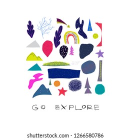 Go explore card Universe Open Space travel Planet Star moon astronaut cosmos astronomy inspiration graphic design typography element. Hand written postcard. Cute simple vector cutout collage style
