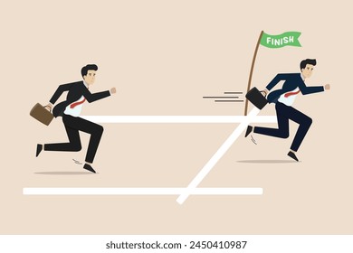 Go extra miles or extra step ahead the goal, beyond expectation, dedication concept, businessman running extra mile from finish line to ensure success.