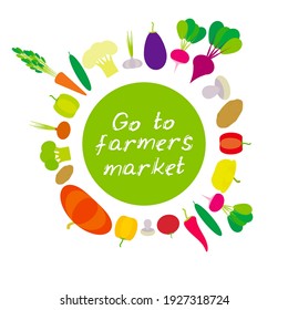 Go to farmers market. vegetables bell peppers pumpkin beets carrots eggplant red hot peppers cauliflower broccoli potatoes mushrooms cucumber onion garlic, tomato radish on green background. Vector