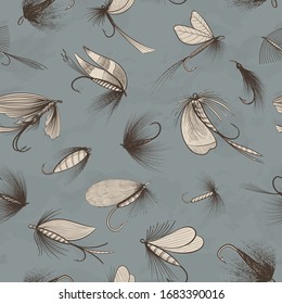 Go fishing theme seamless pattern. Fly fishing flies and baits lures - vintage colors vector sketch style illustration on textured background
