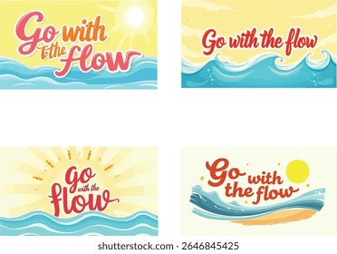 Go with the Flow Beach Quote Illustration with Waves and Sun. summer float vector design bundle. bundle of summer season design