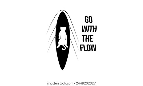 go with the flow, cat on a surfboard floats with the flow, black isolated silhouette