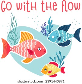 Ir con el diseño de un niño tipo caricatura con peces coloridos aislados en fondo blanco
