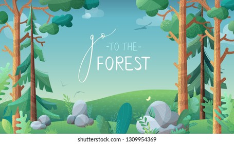 Go to the forest. Vector horizontal background. There are pine and fir on green hills. Stones and grass are in foreground. Clouds, birds and butterflies in the sky. Flat background with noise texture.