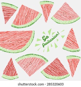 'Go Fruitarian!' Greeting Card. Colorful postcard with scratched watermelon slices. Healthy lifestyle postcard. Simple flyer with fruits. Grunge backdrop with scratches. Vegan banner.