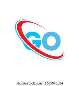 GO, G O letter logo design. Initial letter GO linked circle uppercase monogram logo red and blue. GO logo, G O design